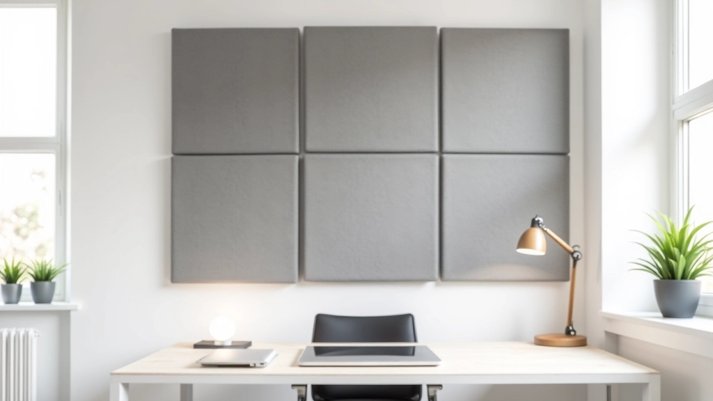 Pannelli fonoassorbenti grigi su parete bianca dietro scrivania moderna, lampada da tavolo in legno, finestra luminosa, ambiente minimalista