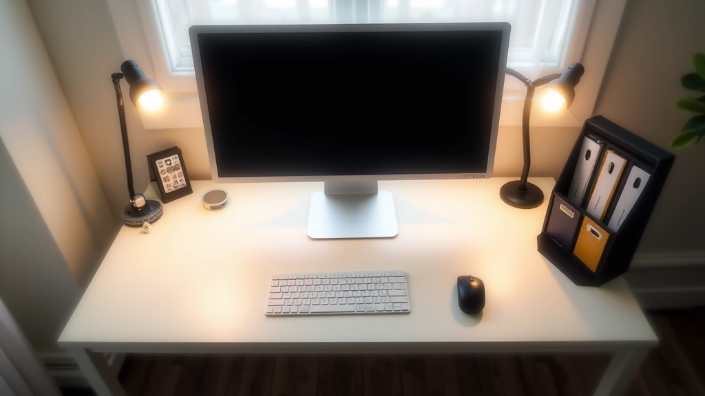 Piano di lavoro compatto con monitor singolo, tastiera pieghevole, mouse wireless, documenti in cartella verticale, lampada da scrivania LED, tutto su scrivania profonda 60cm