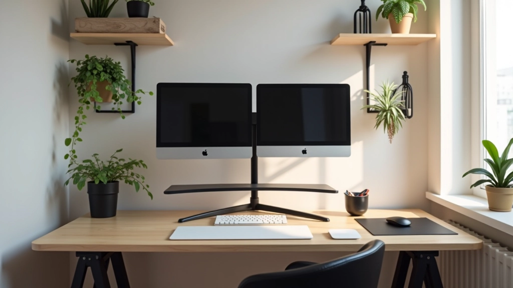 Ufficio domestico compatto con doppio monitor, scrivania minimale, organizzatori da parete in spazio ridotto