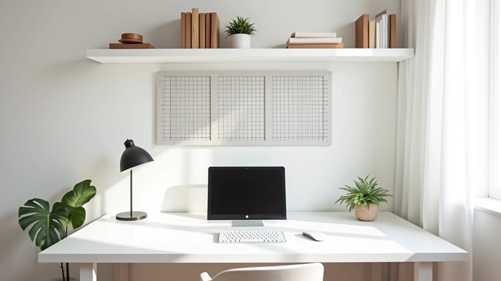 Zona di lavoro ben organizzata con scrivania compatta, scaffali galleggianti sopra, pannello rete metallica con accessori organizzati, illuminazione naturale da finestra, decorazioni minimaliste