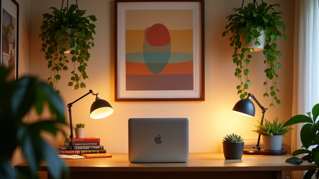 Ufficio domestico creativo con piante da interno, arte sulla parete, luci ambientali calde, design personalizzato e ispirante