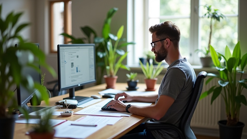 Designer che lavora al computer in uno spazio di lavoro luminoso e ben organizzato, circondato da piante e materiali di design