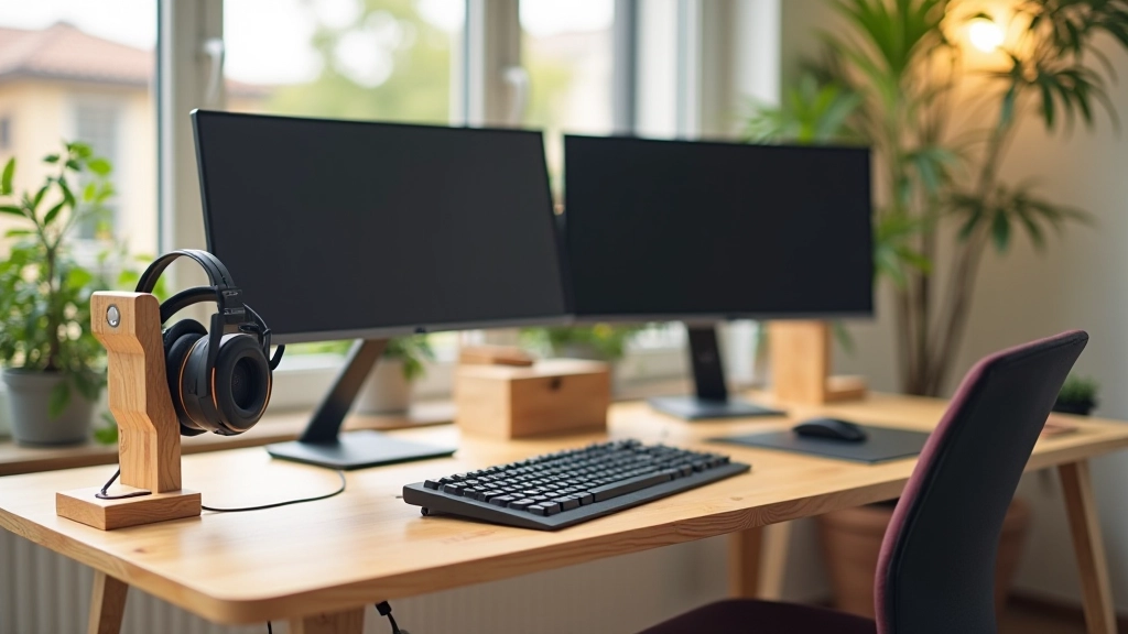 Layout di ufficio domestico con due monitor, tastiera meccanica, mouse, cuffie e organizzatori da scrivania in legno naturale