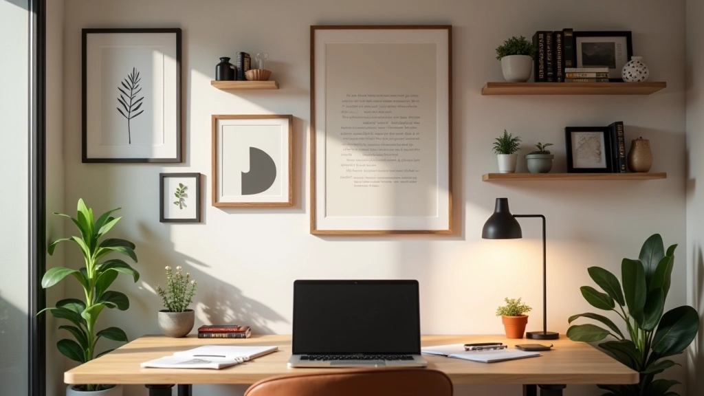 Parete di una scrivania con arte moderna, fotografie personali, oggetti decorativi vintage, scaffale aperto con libri e piante piccole