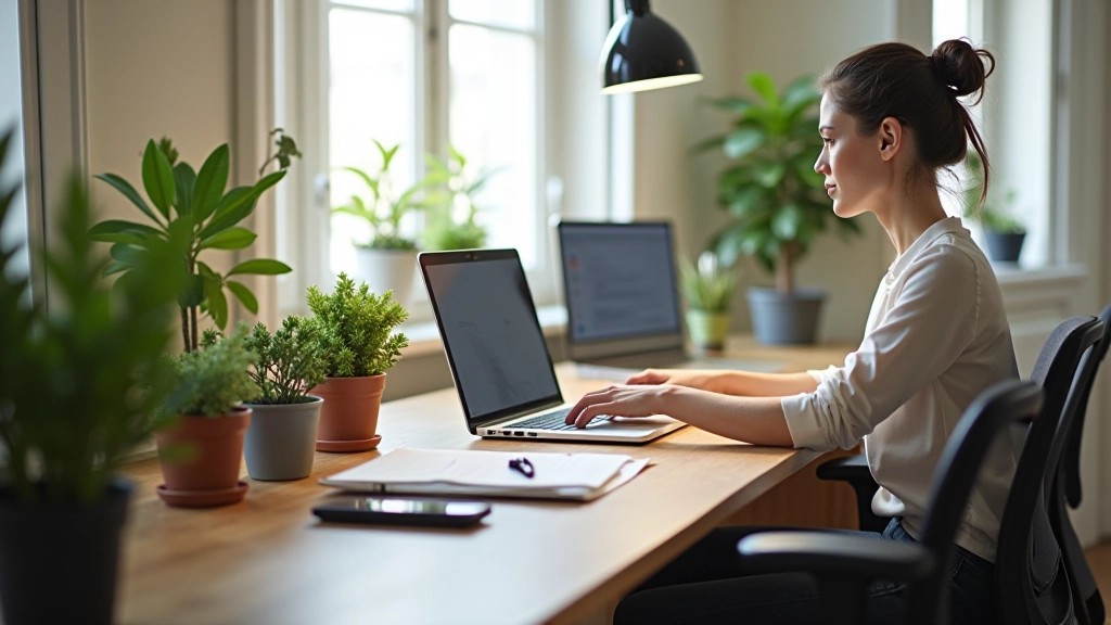 Workspace produttivo ben organizzato con scrivania, sedia ergonomica, piante decorative, illuminazione naturale e gestione del rumore