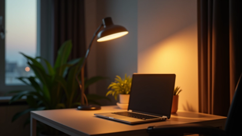 Angolo ufficio domestico con illuminazione stratificata: luce naturale da finestra, lampada da scrivania nera moderna, lampada a stelo con luce calda, pianta da interno