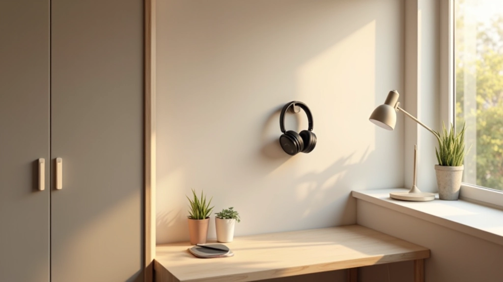 Separatore paravento leggero che divide zona lavoro da zona living, cuffie over-ear su gancio, lampada senza fili, ambiente minimalista e ordinato