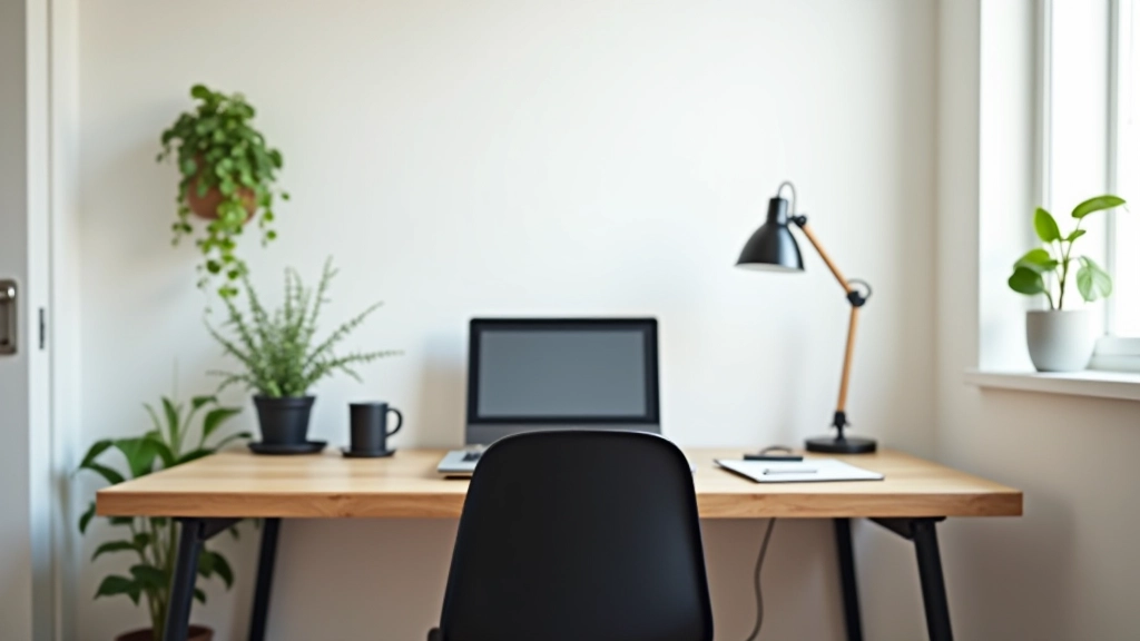 Scrivania ergonomica moderna con sedia nera, lampada da scrivania e pianta verde in ufficio minimalista