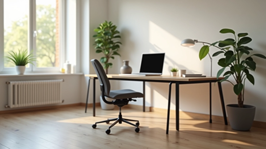 Ambiente di lavoro moderno e ergonomico con scrivania regolabile, poltrona professionale e illuminazione naturale