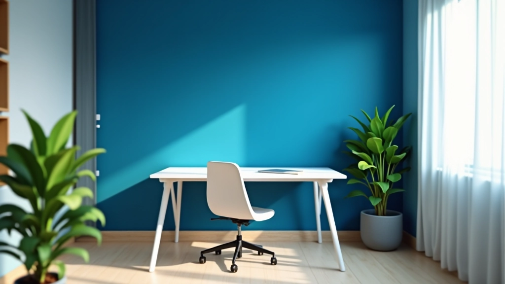 Ufficio domestico con parete accent blu profondo, scrivania bianca, sedia ergonomica moderna, pianta verde, illuminazione naturale calda