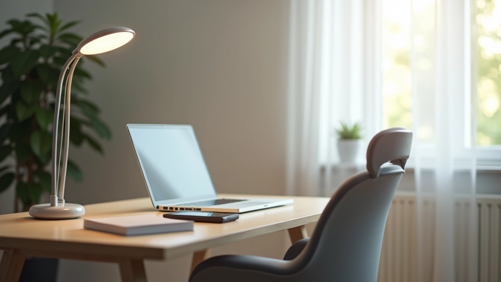 Spazio di lavoro moderno con scrivania in legno, sedia ergonomica grigia, lampada LED e finestra luminosa