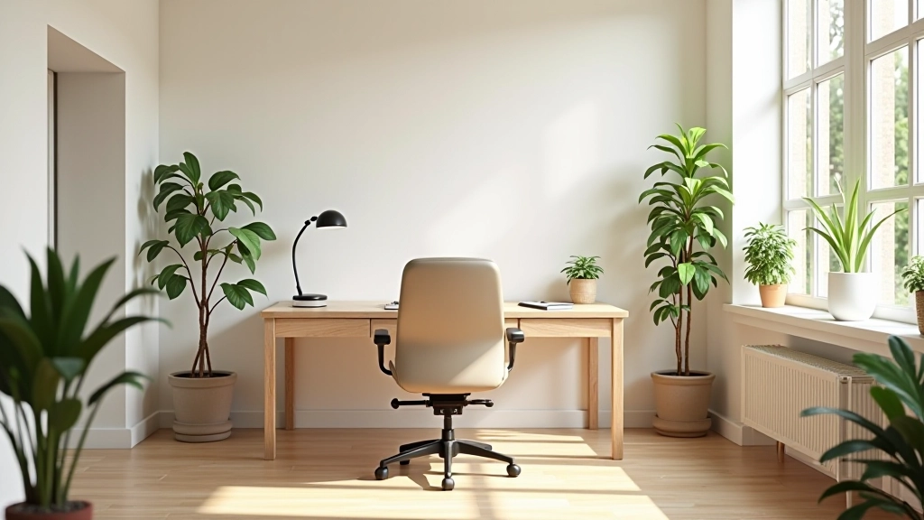 Home office moderno con scrivania in legno e piante