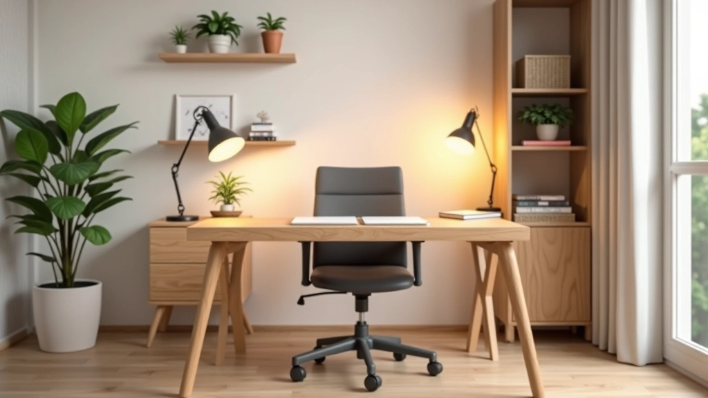 Studio minimalista con scrivania in legno naturale e sedia ergonomica