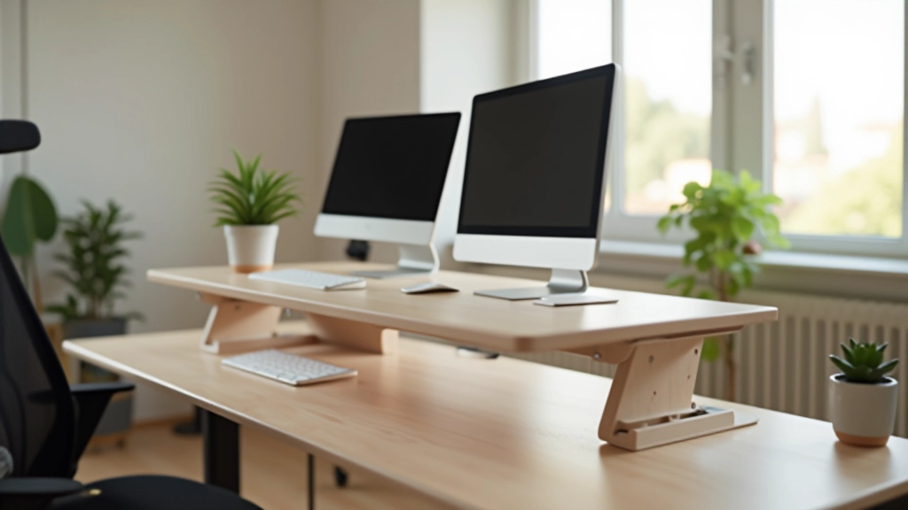 Scrivania in legno con regolazione in altezza, monitor rialzato su supporto, tastiera e mouse wireless