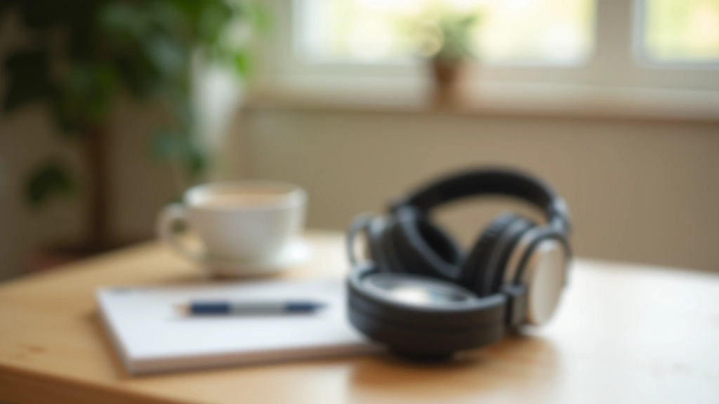 Cuffie antirumore professionali su scrivania, notebook, caffè, ambiente di lavoro tranquillo, luce naturale soft