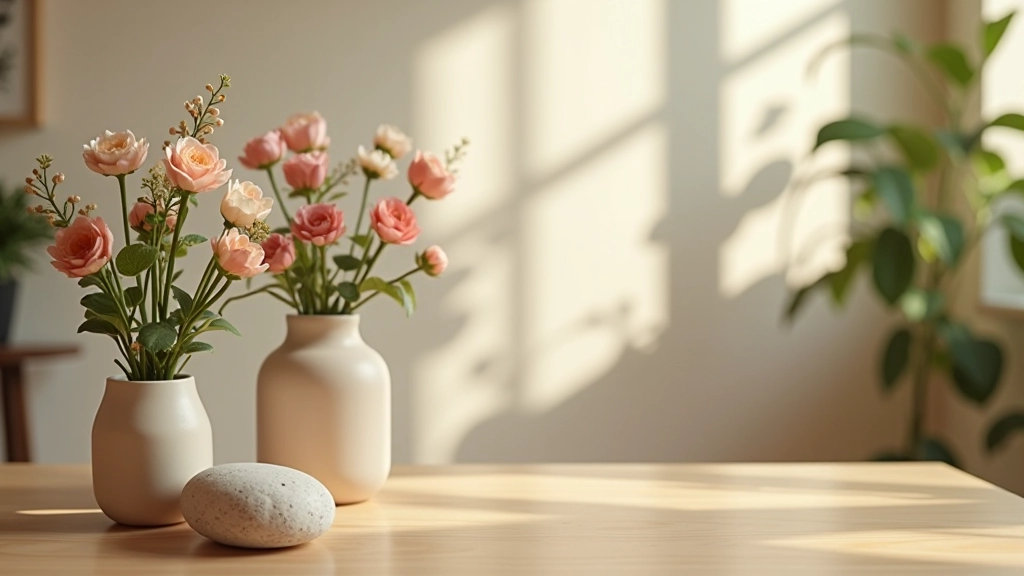 Scrivania ordinata con elementi naturali: vaso di fiori, pianta rampicante, pietra liscia, legno naturale, palette di colori caldi e neutri