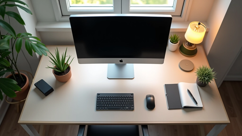 Setup ergonomico completo: monitor su supporto rialzato, tastiera e mouse posizionati correttamente, illuminazione da scrivania