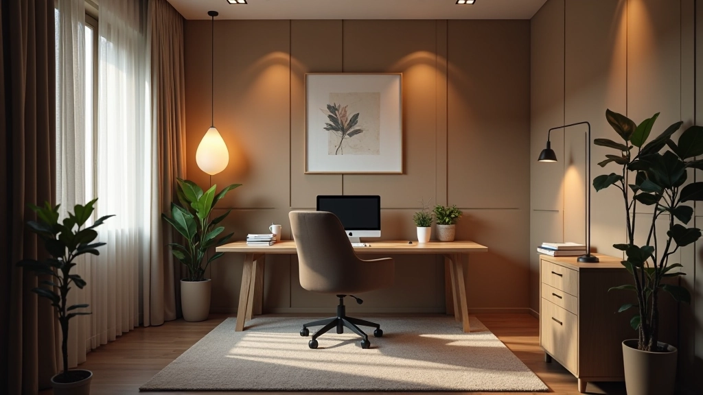 Pannelli fonoassorbenti beige su parete, finestra con tende acustiche spesse, ambiente tranquillo e isolato