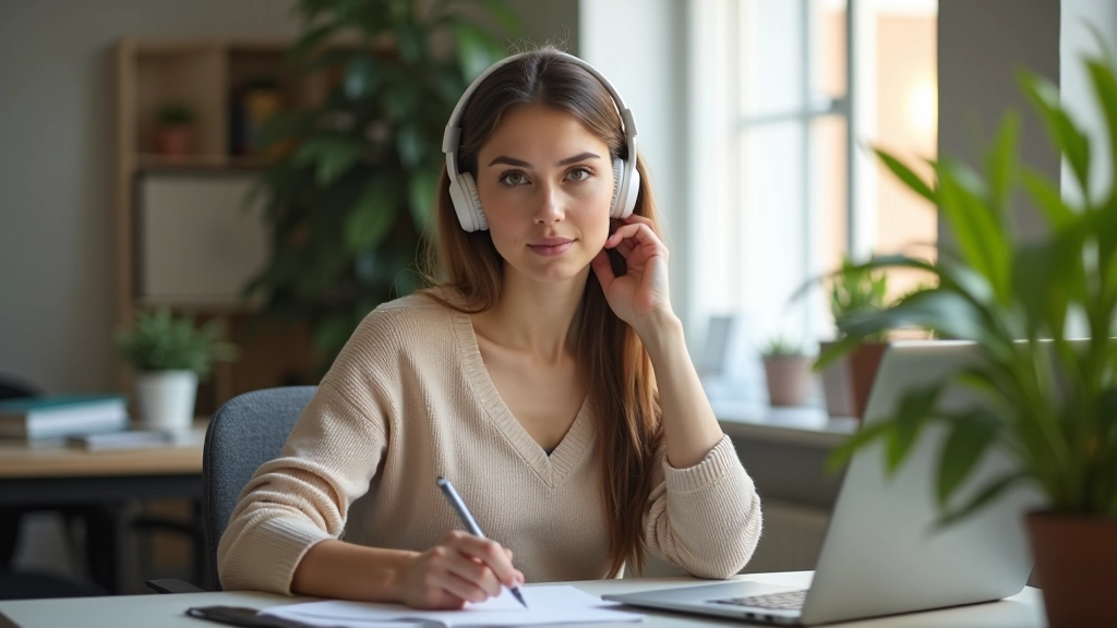 Donna al computer con cuffie, ambiente calmo e ordinato, pianta da interno, luce naturale, scrivania ben organizzata